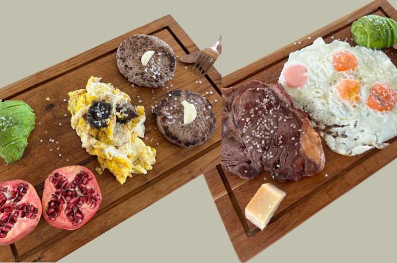 Huevos revueltos con champiñones, hamburguesas, granada y aguacate; y chuletón con huevos fritos y queso